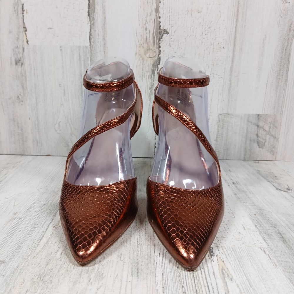 NEW Naturalizer 27 Edit Abilyn Brown Snake Pointy Toe Ankle Strap Heels #1523 - Picture 4 of 12